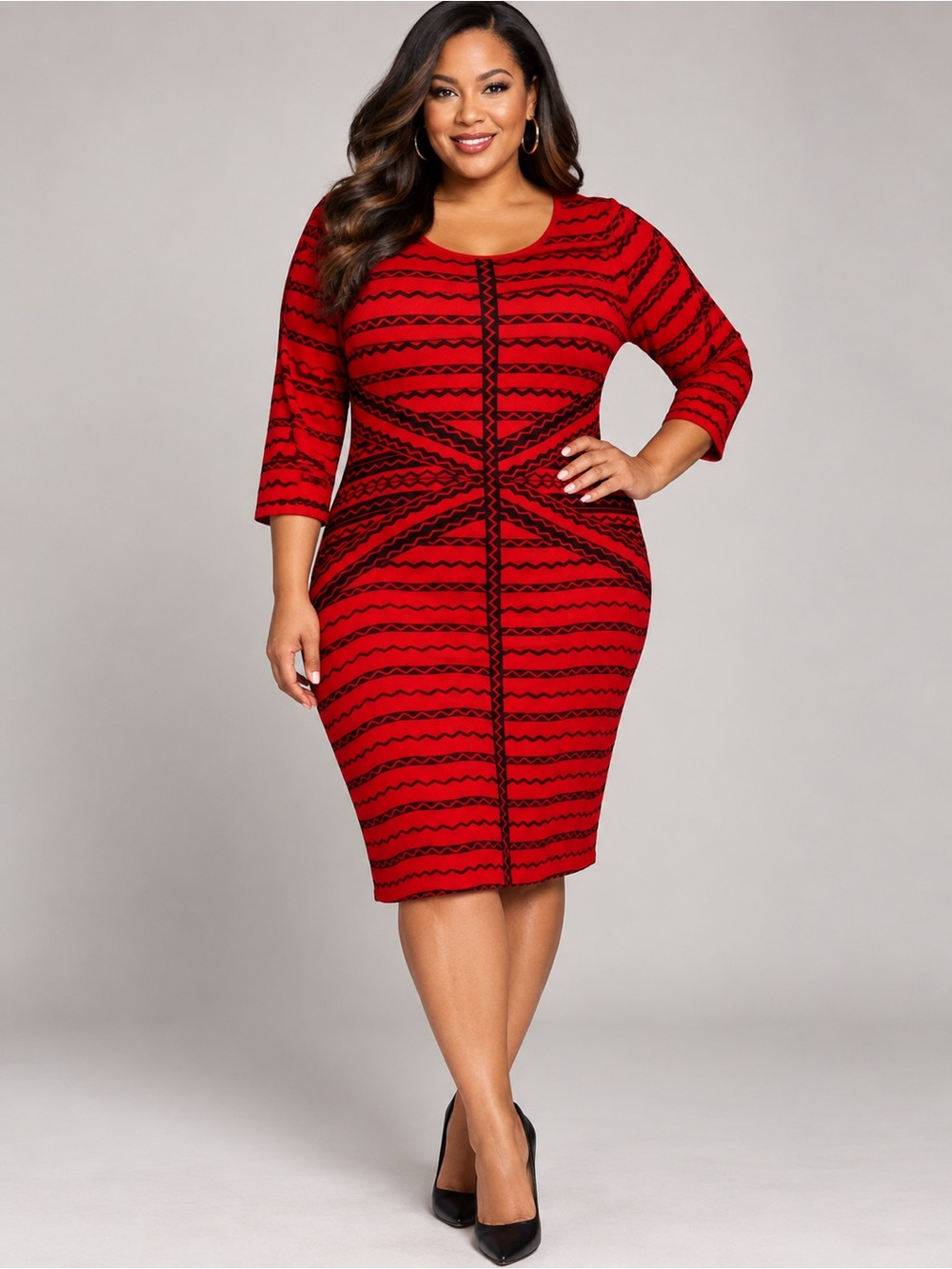 Ashley Stewart Red Black Geometric Bodycon Dress Plus Size 14/16W